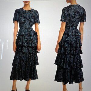 RHODE Serena Printed Ruffle Dress Autumn Fern Black Size 10